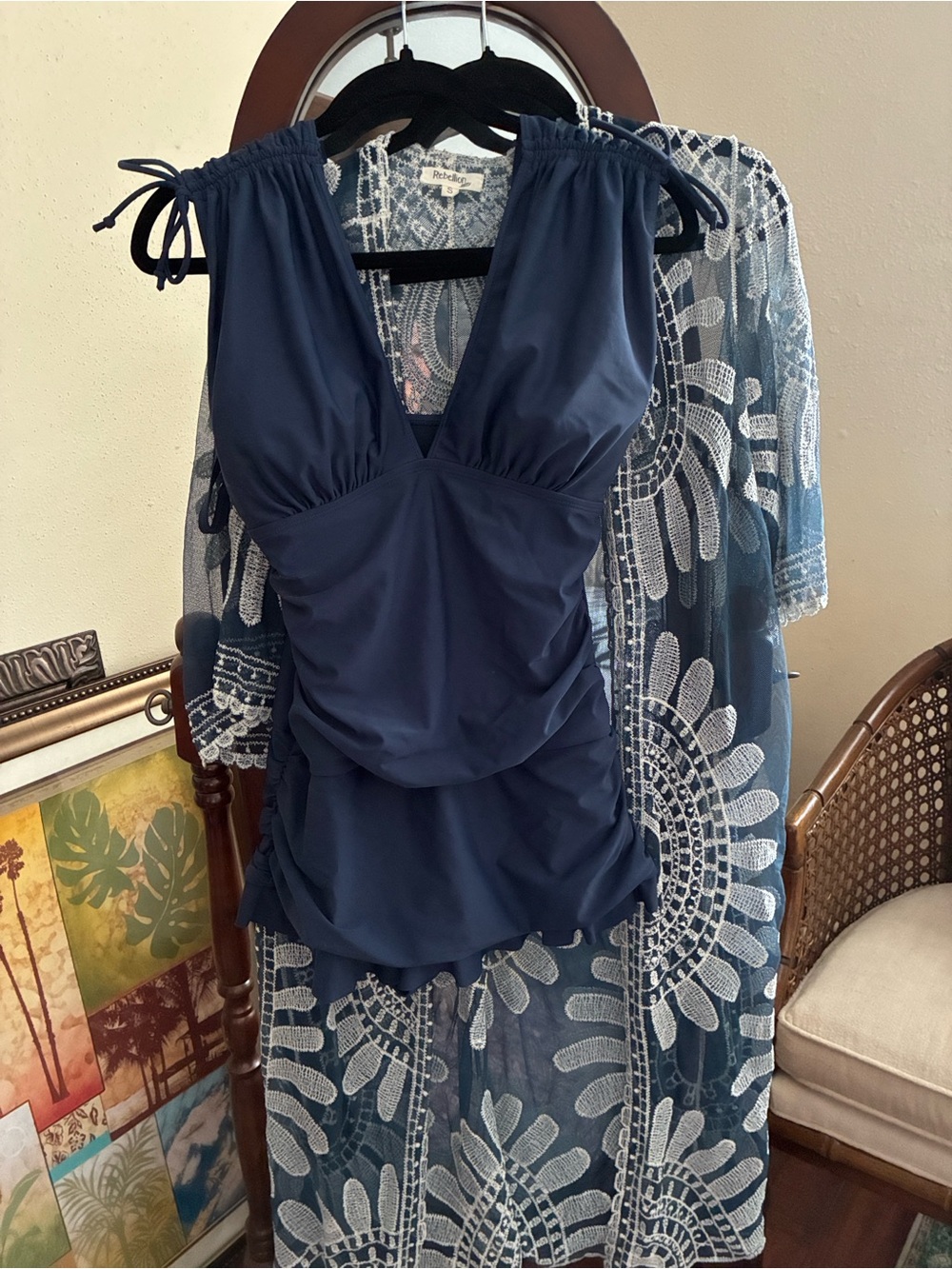 Resort Wear One Piece Mazu Swim Bathing Swimsuit 10 Crochet Coverup Navy, Sm EUC